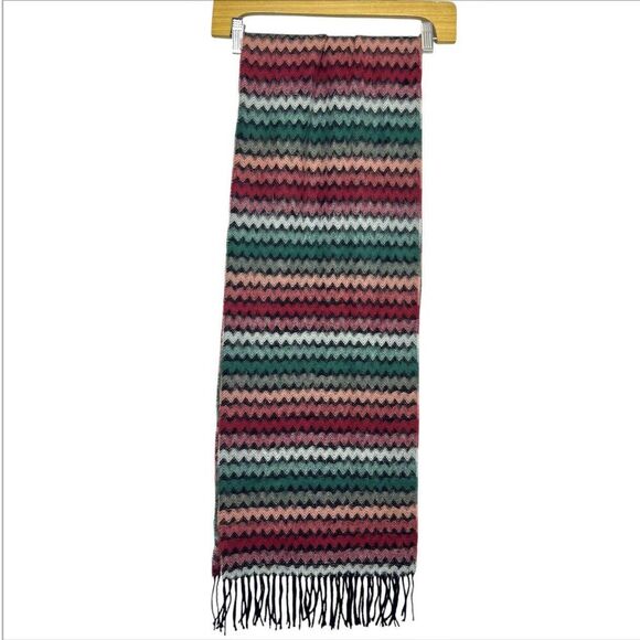 Made In Germany Cashmere Neck Scarf Multicolor Chevron Fringe 69” X 12” Preppy - Picture 2 of 5